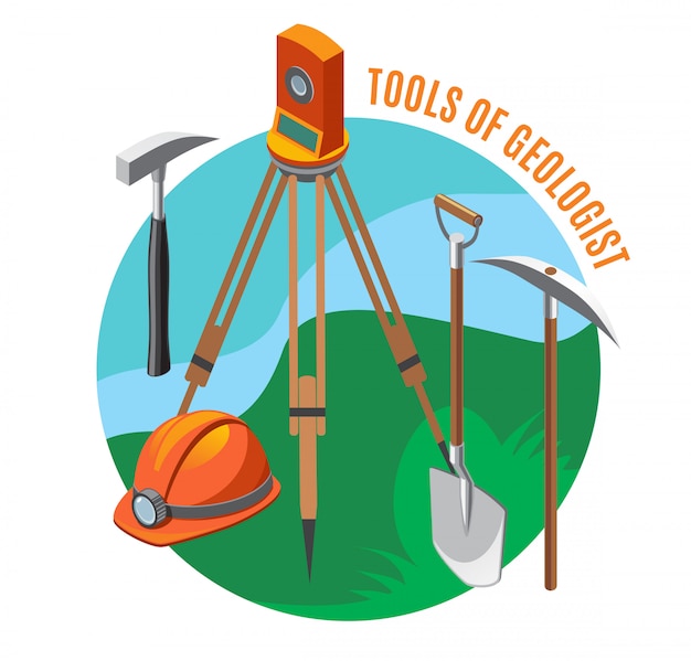 Geological tools measuring device helmet shovel hammer and pick isometric composition on blue green Free Vector
