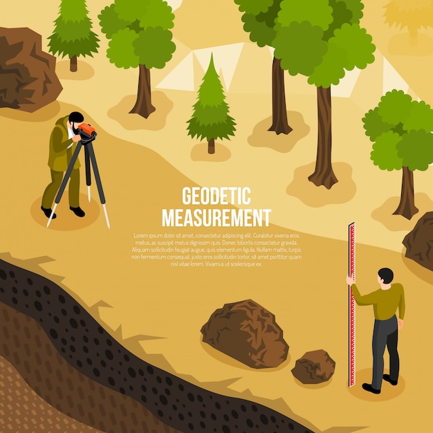 Geologist field work isometric composition with men taking geodetic