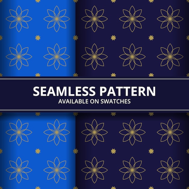 青とネイビーの色の幾何学的な花のバティックのシームレスなパターン背景壁紙 プレミアムベクター