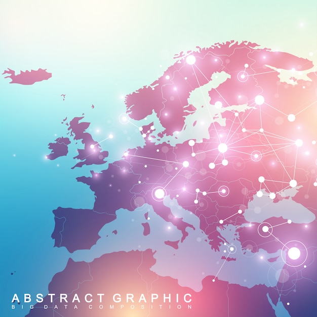 ヨーロッパの地図との幾何学的なグラフィック背景コミュニケーション 化合物を含むビッグデータ デジタルデータの視覚化 科学的なサイバネティックイラスト プレミアムベクター