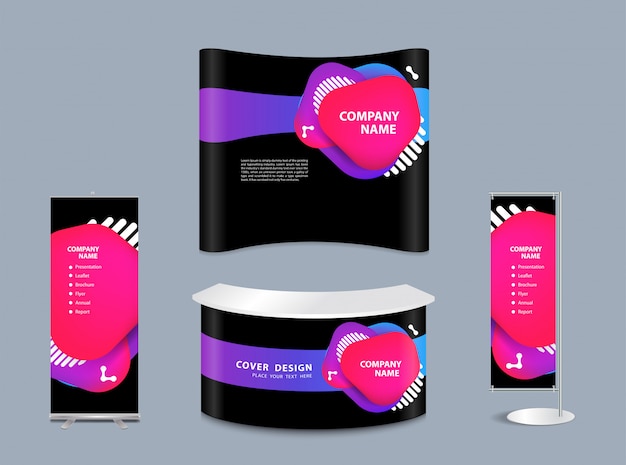 Geometric liquid form various colors with exhibition stand mock-up Premium Vector