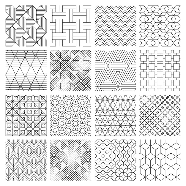 幾何学的なシームレスな背景 縞模様のグラフィックテクスチャ 迷路の装飾的なパターン 幾何学的な背景 抽象的な背景イラストセット 幾何学的な菱形とジグザグのモノクロの幾何学的な プレミアムベクター