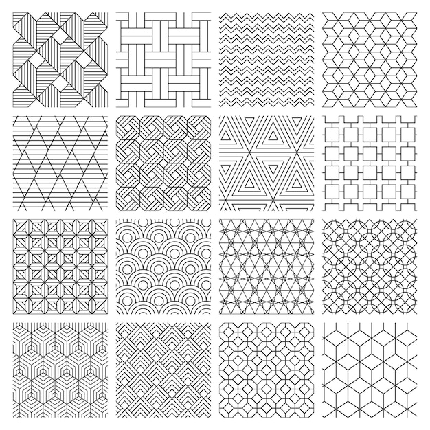 幾何学的なシームレスな背景 縞模様のグラフィックテクスチャ 迷路の装飾的なパターン 幾何学的な背景 抽象的な背景イラストセット 幾何学的 な菱形とジグザグのモノクロの幾何学的な プレミアムベクター