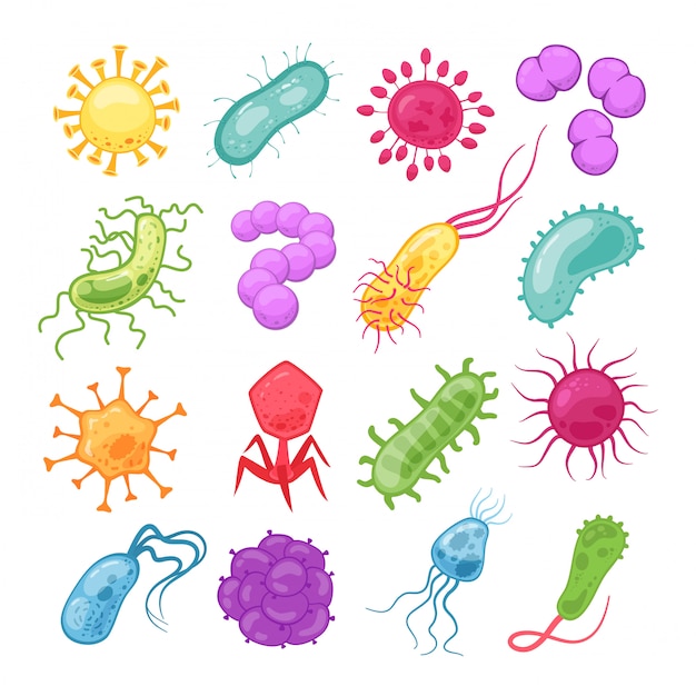 細菌セット 生物学パンデミックウイルス生物微生物アメーバ疫学細菌病細菌インフルエンザ細胞分離コレクション イラスト要素有機微生物感染症 プレミアムベクター
