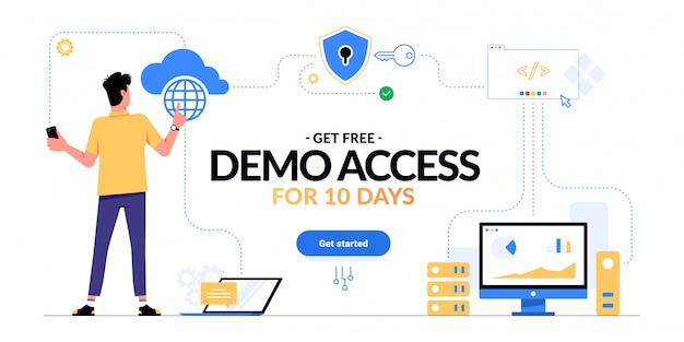 Premium Vector Get Free Demo Access To Saas Paas Iaas Promotional Advertising Banner Man Looking On Cloud Computing Services Scheme And Get Started Cta Button Isolated On White Optimization Of Business