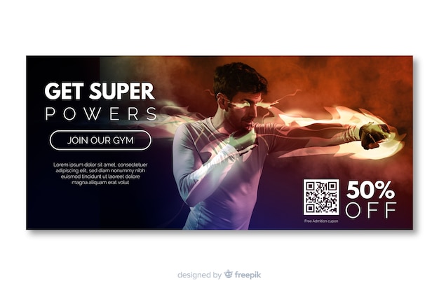 Get superpowers sport banner with photo Free Vector
