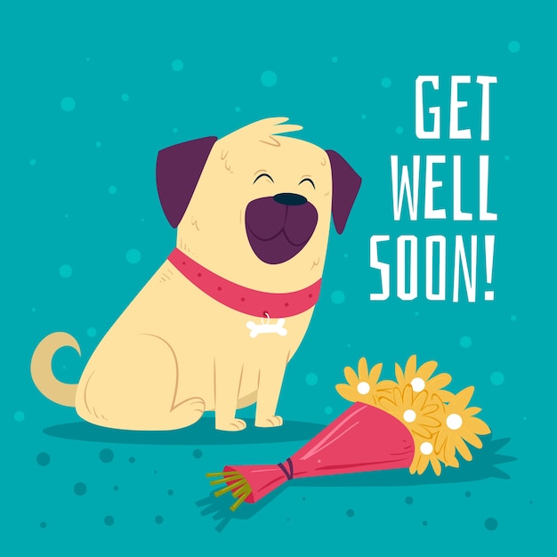 Free Vector | Get well soon with dog and flowers