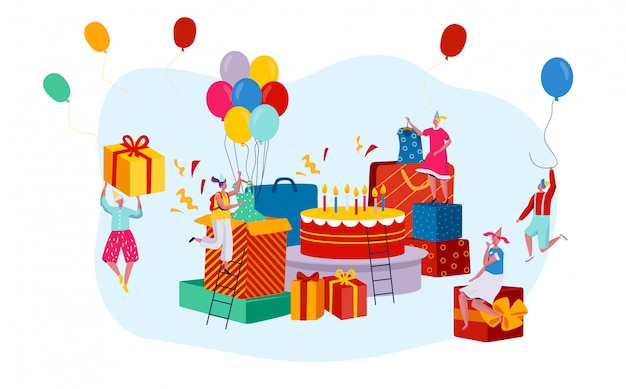 巨大な誕生日プレゼントボックスと小さな人々の漫画のキャラクター お祝いパーティーのコンセプト イラスト プレミアムベクター
