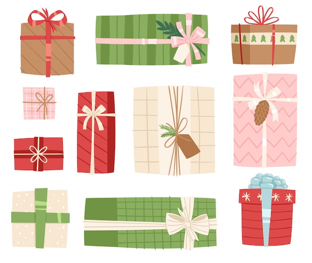 ギフトボックスプレゼントパックの背景にクリスマスや誕生日のイラストお祝いギフトボックス弓オブジェクト プレミアムベクター