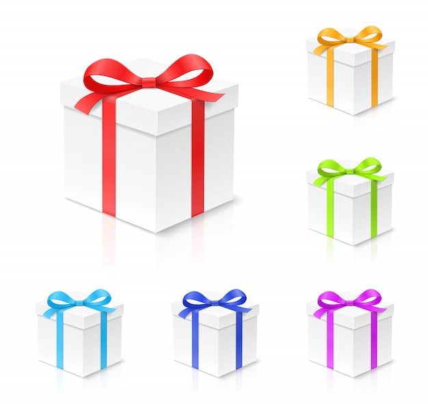 プレミアムベクター 赤 金 青 緑 紫の色の弓の結び目 白い背景の上のリボン 入りギフトボックス お誕生日おめでとう クリスマス 新年 ウェディングパッケージコンセプト クローズアップイラスト