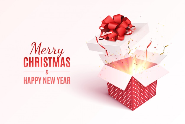 Gift box with red ribbon and bow. merry christmas and happy new year greeting card. Premium Vector