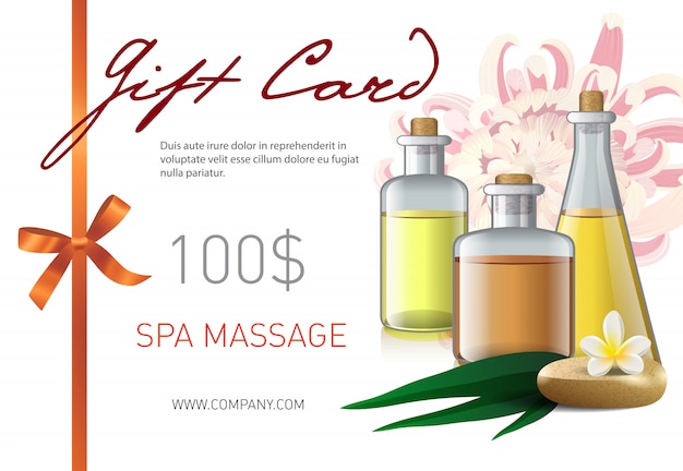 Gift card, spa massage lettering and bottles\
with oil. Spa salon gift voucher