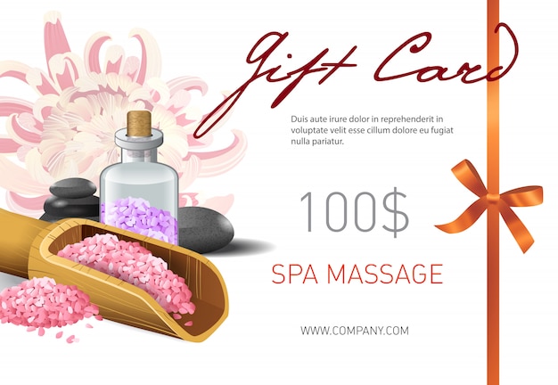 Gift card, spa massage lettering and salt in\
scoop. Spa salon gift voucher