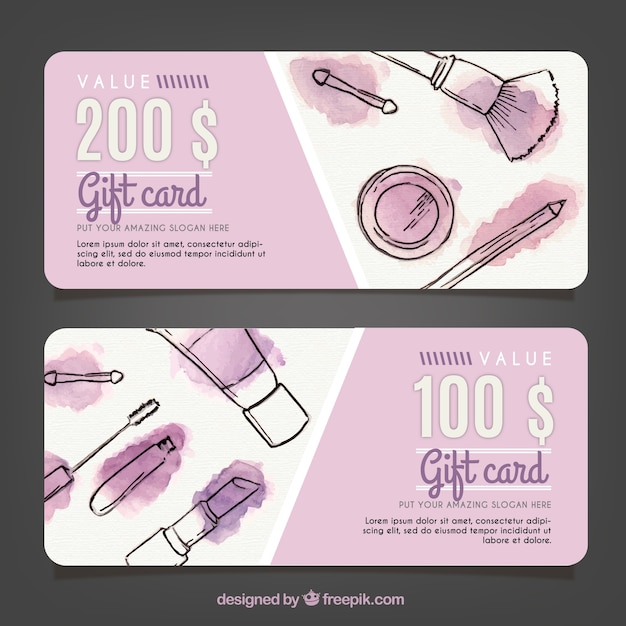 Gift cards makeup sketches with watercolor\
stains