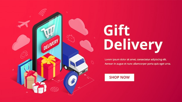 Premium Vector Gift Delivery Isometric Banner Concept With Smartphone Gift Box Truck Pin Text On Red Background Holiday Online Store Order Shipping Service 3d Design Illustration For Web Mobile App Ad