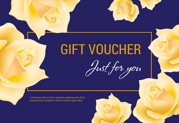 Gift voucher Just for you lettering with yellow\
rose heads.
