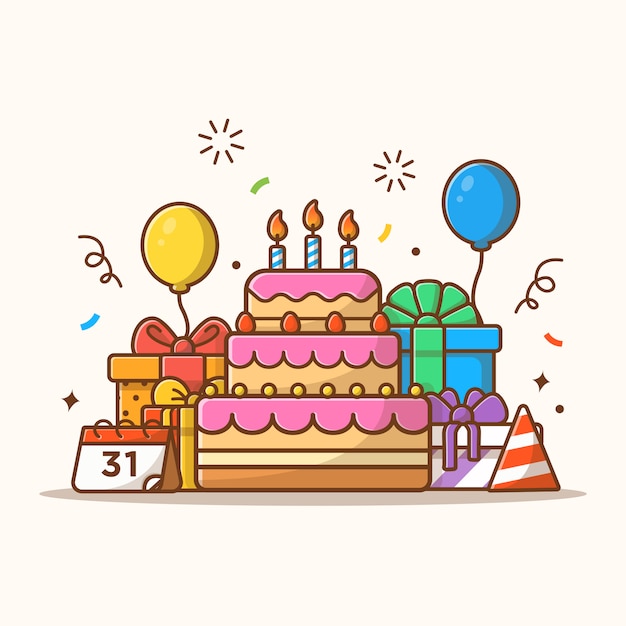 誕生日ケーキパーティーイラストギフトボックス プレミアムベクター