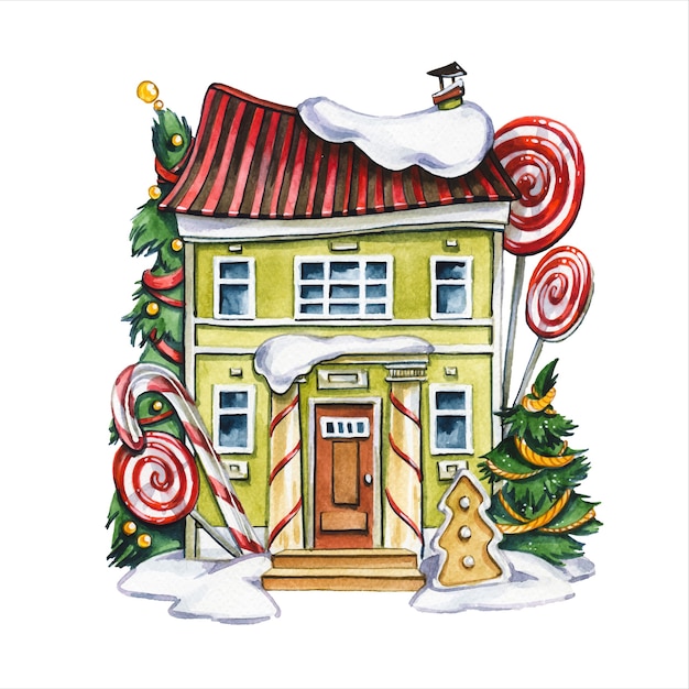 ジンジャーブレッドハウス手描き水彩イラスト 素晴らしい小屋の外観と白い背景に飾られた新年の木 おとぎ話の建物とキャンディーの装飾水彩画 プレミアムベクター