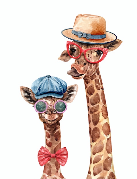 Download Giraffe and baby wearing a hat and glasses watercolor. giraffe paint. | Premium Vector