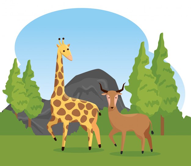 Free Vector | Giraffe and deer wild animals with trees