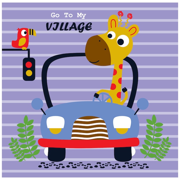 キリン運転車 面白い動物漫画 ベクトルイラスト プレミアムベクター