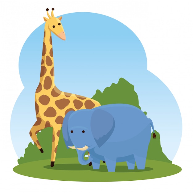 Download Giraffe and elephant wild animals with bushes Vector ...