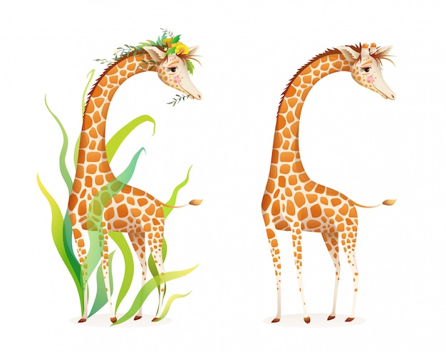 動物園 サファリ 子供の絵本の自然のリアルな3 D漫画イラストのキリン 葉と花 美しいリアルなアフリカの動物イラストがかわいい優雅なキリン プレミアムベクター