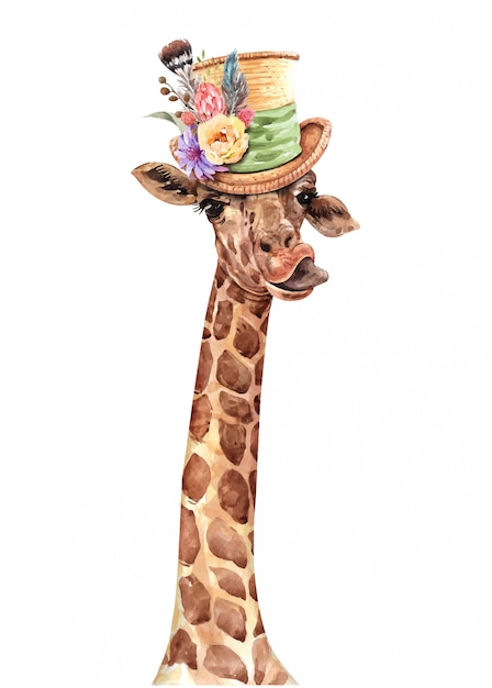 Download Giraffe wearing a flower hat watercolor. giraffe paint. | Premium Vector