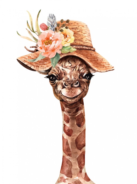 Giraffe wearing a flower hat watercolor. giraffe paint. | Premium Vector