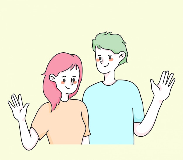 女の子と男の子の手を振ってかわいい人イラスト プレミアムベクター