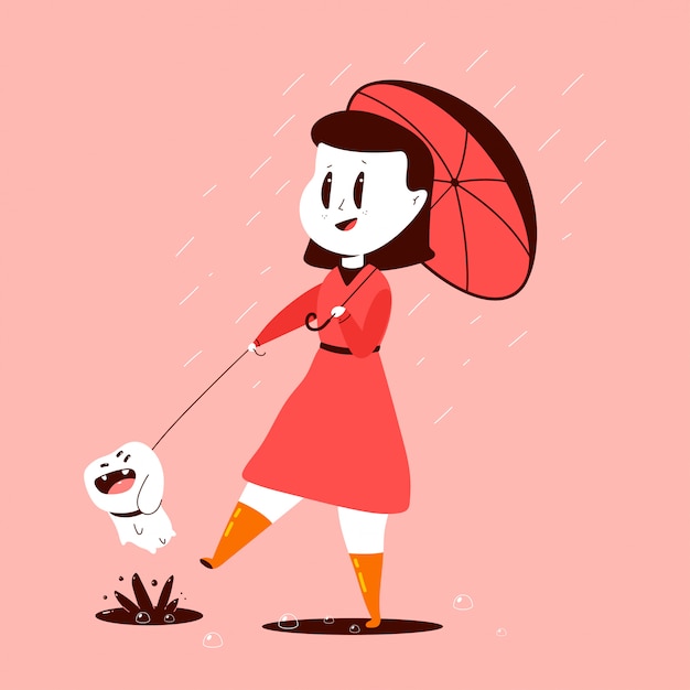 女の子と犬の背景に分離された雨漫画イラストの下の傘を持つ プレミアムベクター
