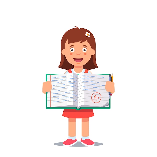 Girl and open school workbook with handwriting
