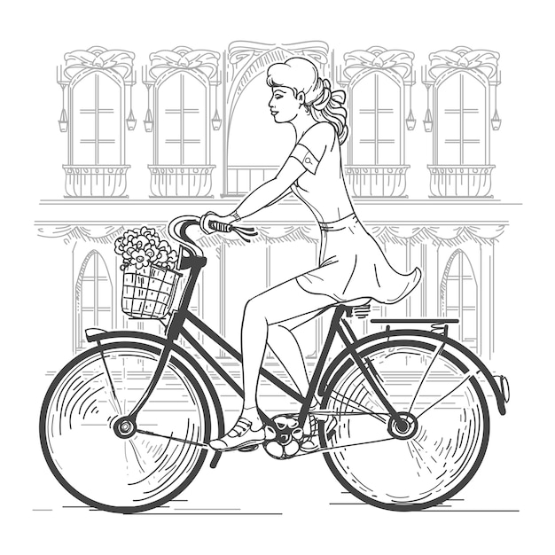 Free Vector Girl Bicyclist In Paris Leisure Young Woman Urban Travel Fashion City Hand Drawn Beautiful Girl In Paris Vector Illustration