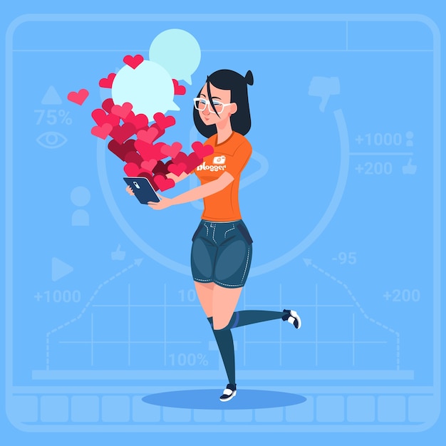 Girl blogger hold cell smart phone with many likes Premium Vector