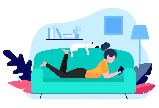 Girl and cat relaxing on sofa Free Vector