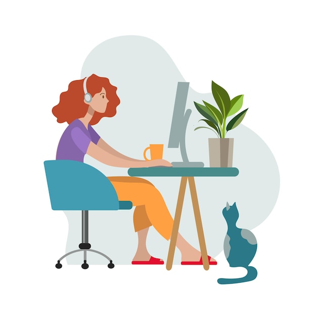 Premium Vector | The girl at the computer with headphones at home ...