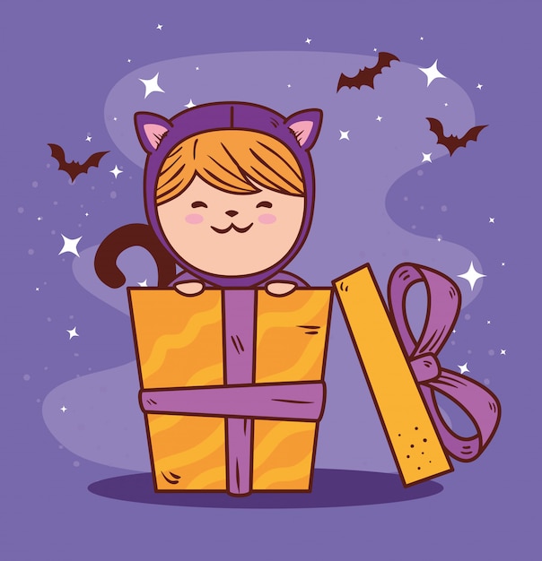 幸せなハロウィーンのお祝いベクトルイラストデザインのためのギフトボックスでかわいい猫を装った女の子 プレミアムベクター