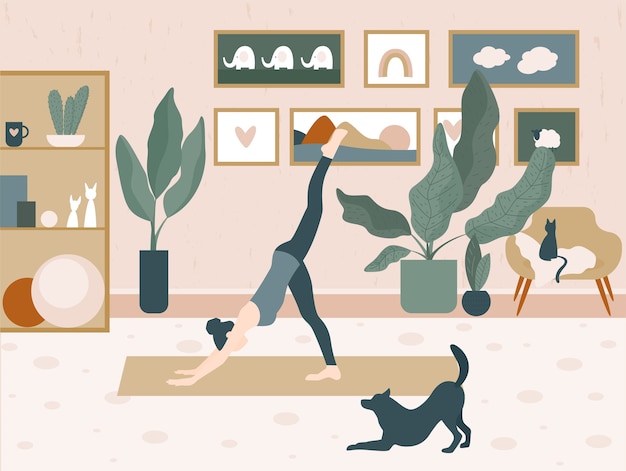 Premium Vector Girl And A Dog Do Yoga At Home Cartoon Illustration