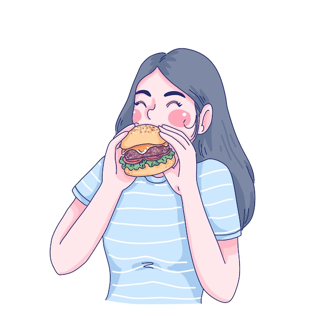 女の子はハンバーガー漫画のキャラクターイラストを食べる プレミアムベクター