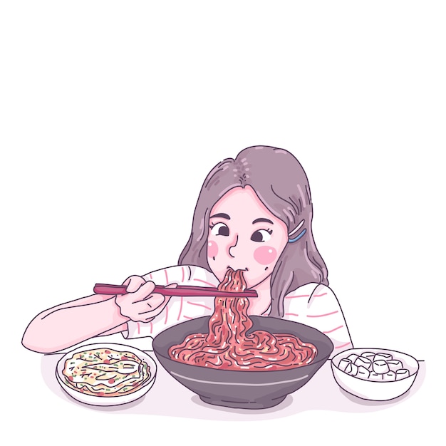 女の子は麺を食べる漫画のキャラクターイラスト プレミアムベクター