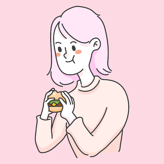 ハンバーガージャンクフードかわいい人イラストを食べる少女 プレミアムベクター