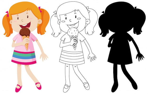 Free Vector Girl Eating Ice Cream In Colour And Silhouette And Outline