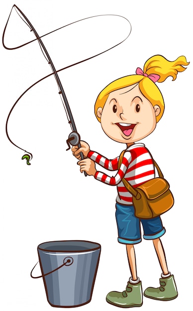 Download A girl fishing on white background | Free Vector