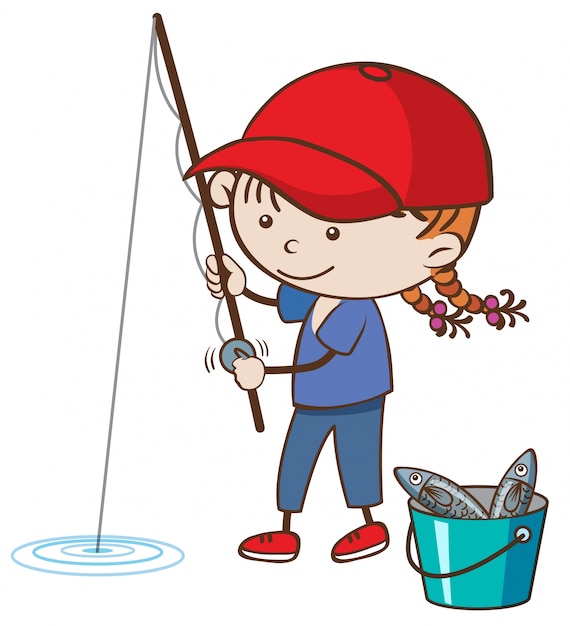 Download A girl fishing on white background | Premium Vector