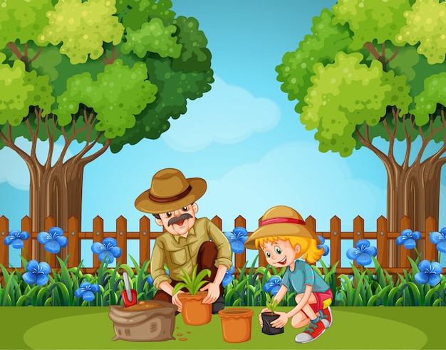 Download Girl and grandfather planting in the garden | Premium Vector