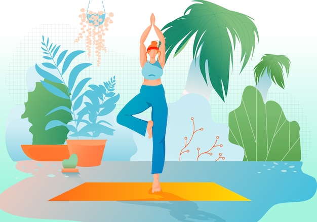 Premium Vector | Girl at greenhouse or garden stand in yoga asana.