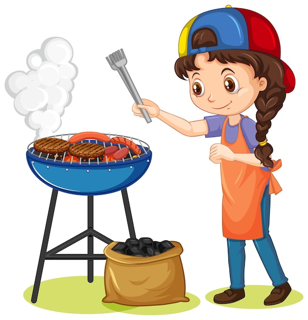 Girl and grill stove with food on white background Free Vector