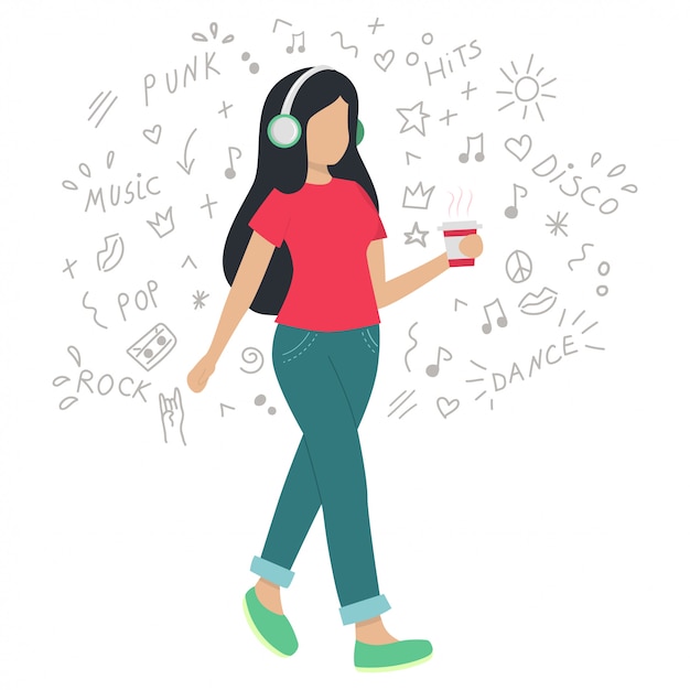 Premium Vector | Girl in headphones listening to music while walking