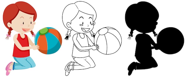 Free Vector | Girl holding colorful ball with its outline and silhouette