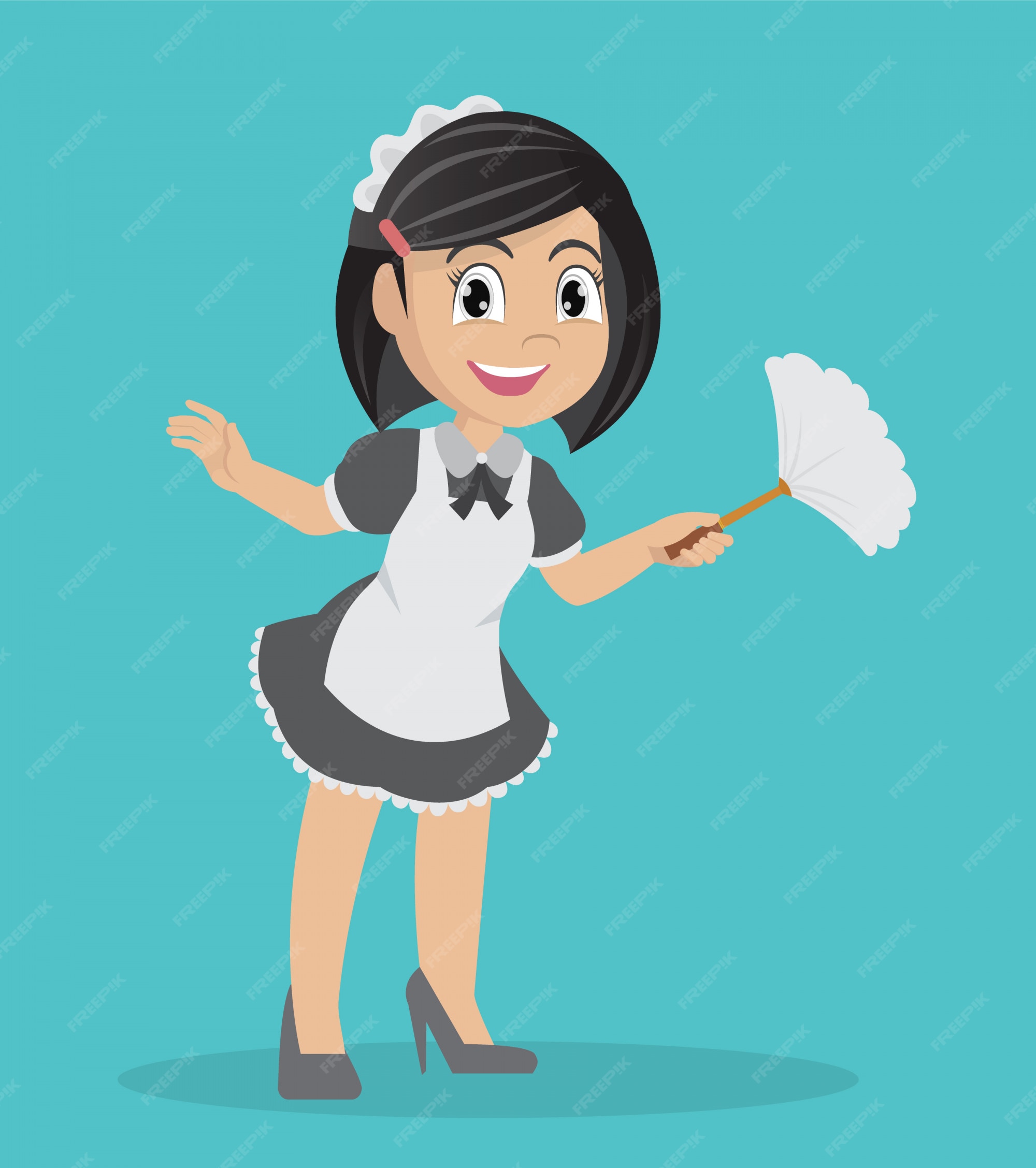 Premium Vector | Girl holding duster cleaning.